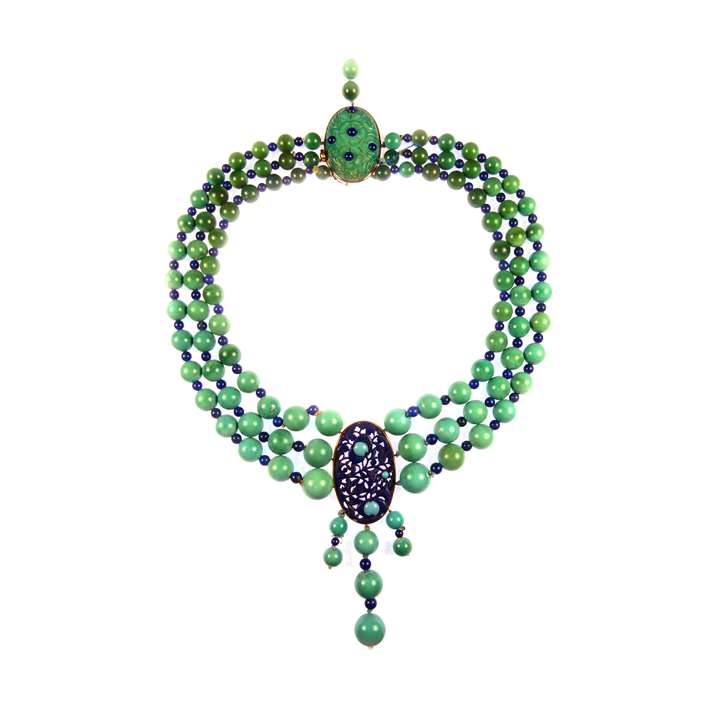 Art Deco three row turquoise bead and carved lapis lazuli panel necklace by Marchak